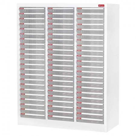 Steel File Cabinet with 66 plastic drawers in 3 columns for A4 paper - There are an unbelievable amount of file drawers squeezed into this intimidating steel cabinet for office use.