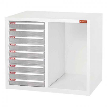 Steel File Cabinet with 9 plastic drawers and 1 storage cubby in 2 columns - Office storage collection of steel cabinets for folder and file organisation.