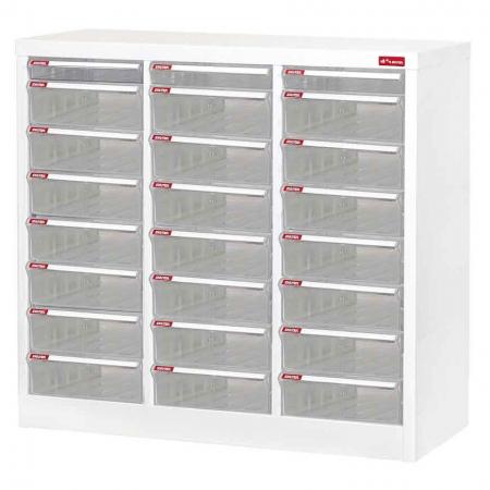 Floor Cabinet with 21 drawers and 3 plastic drawer in 3 columns for A4 paper (3 drawers 2.7L & 21 drawers 5.9L) - Flexible and movable drawer cabinet for desktop or under-desk use and document sorting needs.
