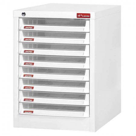 Steel File Cabinet with 8 plastic drawers in 1 column for A4 paper - This office file cabinet with numerous drawers and labels has been designed to improve workplace efficiency.