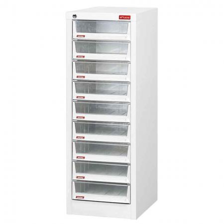 Steel File Cabinet with 9 deep drawers in 1 column for A4 paper - Showroom or shared office filing becomes a breeze with these steel cabinets with plastic drawers from SHUTER.