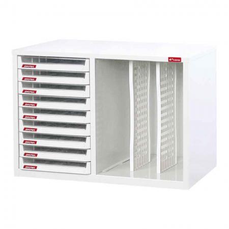 Desktop cabinet with 9 plastic drawers in 1 column and 2 dividers in 3 columns (3L per drawer) - Column style steel cabinet storage system for office with drawers and vertical-horizontal flexi storage pockets.