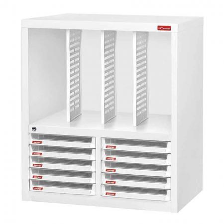 Steel File Cabinet with 10 plastic drawers in 2 columns and 3 dividers in 4 columns