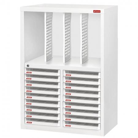 Floor Cabinet with 18 plastic drawers in 2 columns and 3 dividers in 4 columns (3L per drawer) - With two kinds of filing systems in one simple unit, this special cabinet can accommodate a wide variety of office or industrial storage needs.