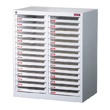 Floor Cabinet with 28 plastic drawers in 2 columns for A4 paper (3L per drawer) - This cabinet offers the very best in combination steel and plastic filing solutions.