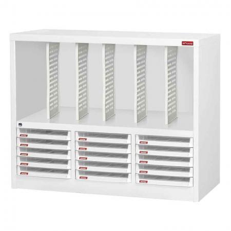 Floor Cabinet with 15 plastic drawers in 3 columns and 5 dividers in 6 columns (3L per drawer) - A multi-layered solution to beside-or-under-desk storage for office or home, adults or children.
