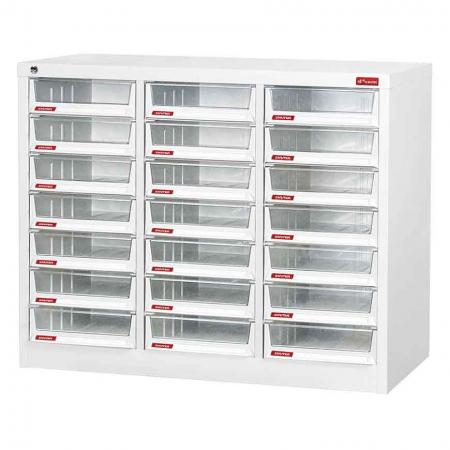 Floor Cabinet with 21 drawers in 3 columns for A4 paper (6.6L per drawer) - Multi-column, matching-drawer document cabinet made of steel with space for labelling and logo.