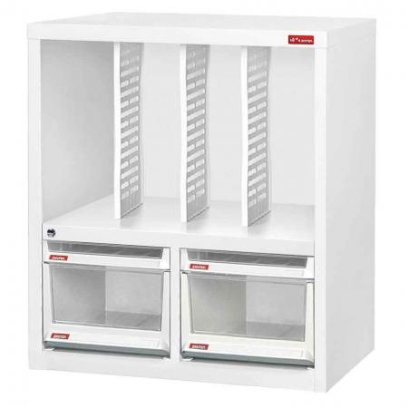 Floor Cabinet with 4 plastic drawers in 2 columns and 3 dividers in 4 columns (2 drawers 14L & 2 drawers 3L) - Don't underestimate the organizational power of these steel and plastic filing cabinets by SHUTER.