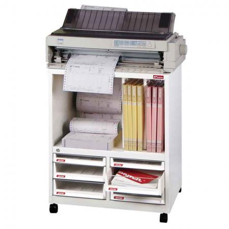 Steel File Cabinet for Printer with 4 deep drawers, 2 plastic drawers in 2 columns and 2 dividers in 3 columns - Best used for transportable office needs, like for fax machines or computer screens and printers, which also need items like paper stored with them.