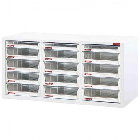 Steel File Cabinet with 12 deep drawers and 3 plastic drawers in 3 columns