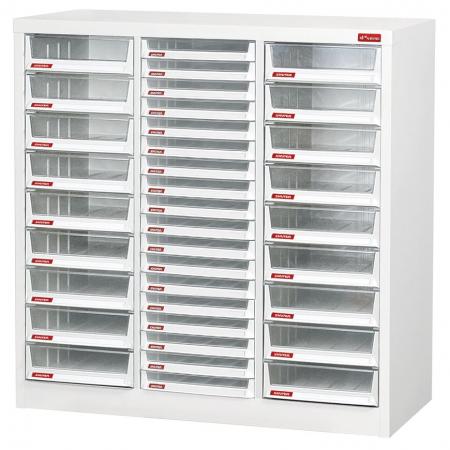 Floor Cabinet with 18 drawers and 18 plastic drawers in 3 columns (18 drawers 6.6L & 18 drawers 3L) - With a clever mixture of different drawer types, use this unit to help you sort difficult or complicated filing piles.