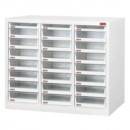Floor Cabinet with 24 plastic drawers in 3 columns for B4 paper (3 drawers 3.6L & 21 drawers 7.8L) - Multi-column filing and stationery cabinet suitable for daily use in office settings.