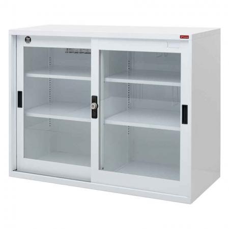 Large lockable filing cabinet with glass door, 880mm width - Lockable steel filing cabinet with transparent doors and shelves for documents and office equipment storage.