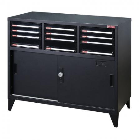 Small lockable filing cabinet with metal door and 15 drawers, 880mm width - With both drawers and lockable cabinets, this product ensures all your office storage needs are met.