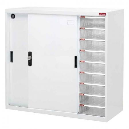 Small lockable filing cabinet with metal door and 9 drawers, 880mm width - Filing locker with doors and drawers made of high quality, powder coated galvanized steel for office use.