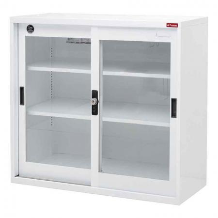 Small lockable filing cabinet with glass door, 880mm width