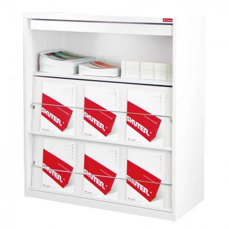 Triple Shelf Magazine Cabinet with 3 Brochure Display Areas - Install this magazine rack and stationery filing cabinet into your office for the most efficient solution to your storage needs.