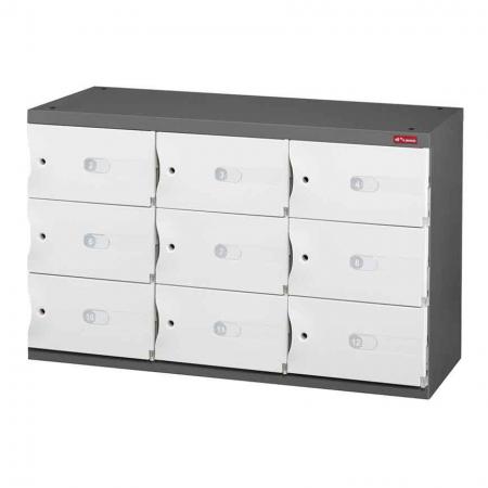 신발 또는 사무실 보관을 위한 Office Storage Credenza - 3열에 9개의 작은 문 - 개인 물품이나 파일을 보관할 수 있는 잠글 수 있는 문이 있는 크레덴자.