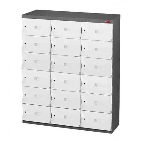 Office Storage Credenza for Shoes or Office Storage - 18 Small Doors in 3 Columns - SHUTER brings practicality and good looks together in this perfect 18-door storage unit.