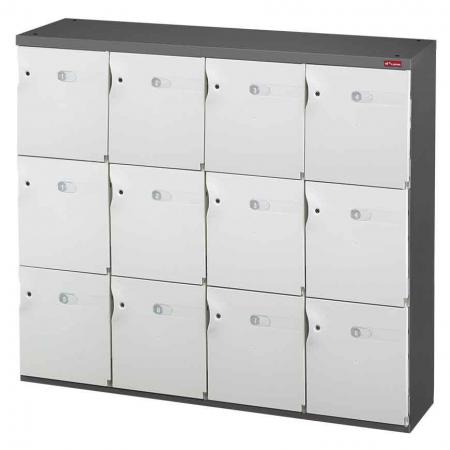 Office Storage Credenza for Shoes or Office Storage - 12 Medium Doors in 4 Columns - A cabinet with lockable doors and magnetic catches for safe personal item storage.