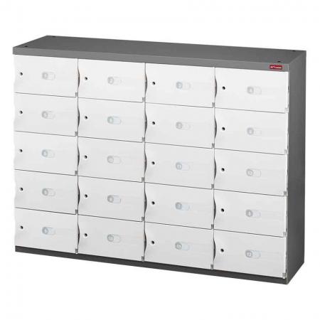 신발 또는 사무실 보관을 위한 Office Storage Credenza - 4열에 20개의 작은 문 - 기능적이고 안전한 사물함이 있는 철제 수납 공간입니다.