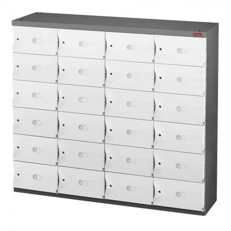 Office Storage Credenza for Shoes or Office Storage - 24 Small Doors in 4 Columns - Safe cubbies fitted with ABS doors are a key feature of these SHUTER office credenzas.