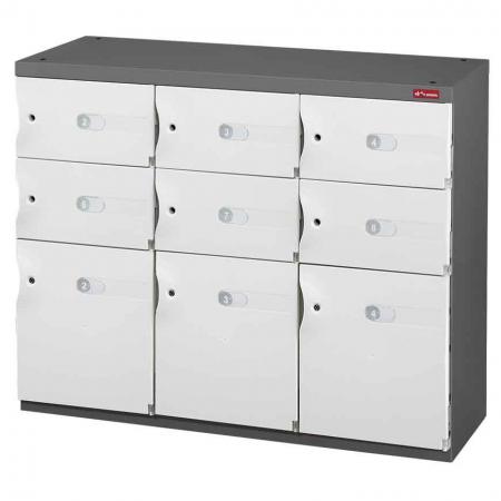 Mixed Door Office Storage Credenza for Shoes or Office Storage - 3 Medium Doors and 6 Small Doors in 3 Columns - Help your staff or customers to securely store their items by installing these office organizers.