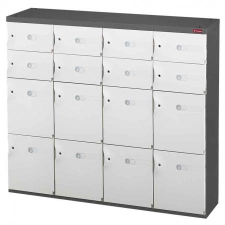 Mixed Door Office Storage Credenza for Shoes or Office Storage - 8 Medium Doors and 8 Small Doors in 4 Columns - SHUTER is dedicated to keeping your stuff safe with this gorgeous office storage unit.