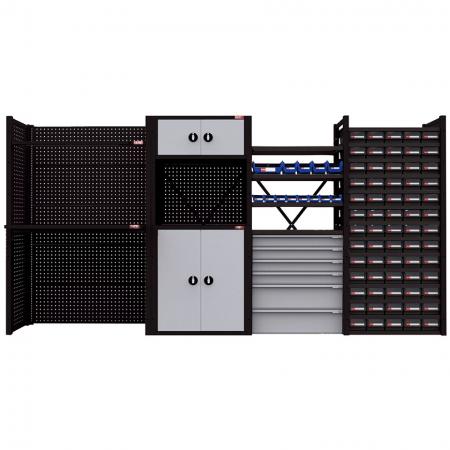 Sistema de organização de ferramentas de parede e armário de pacote plano - Criado para atender aos requisitos de espaço individuais para garagem, oficina, linha de produção ou armazém.