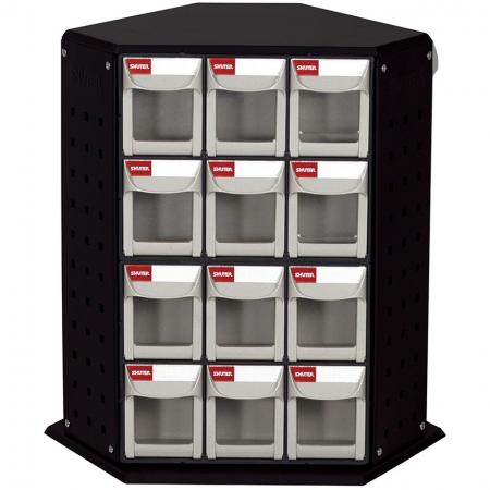 Revolving Tower Quick Flip Out Bins with 6 Sets of 6 Drawers for Industrial Storage Needs - Rotating flip out bin stands are perfect for organizing small parts in industrial spaces.