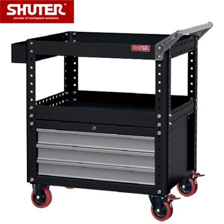 Tool Chest for Use in Workspaces - 880mm Height with 2 Shelves, 3 Drawers and 4" TPR Casters - Unique reinforced tool cart with 3 drawers and side handle.