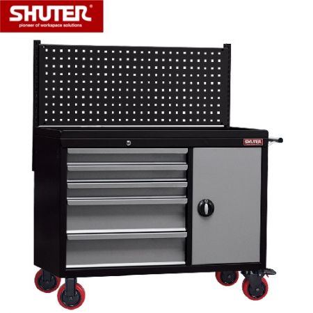 Large Professional Two-Tone Tool Chest - 1291mm High, 5 Drawers, Cabinet, Pegboard, 5" TPR Casters - A tool box cabinet that can roll around a workspace with ease.