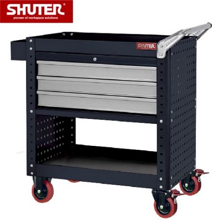 Tool Cart with Upper 3 Drawers, 2 Shelves & Siding Pegboard, Height 880 mm - Tool Cart with Upper 3 Drawers, 2 Shelves & Siding Pegboard, Height 880 mm