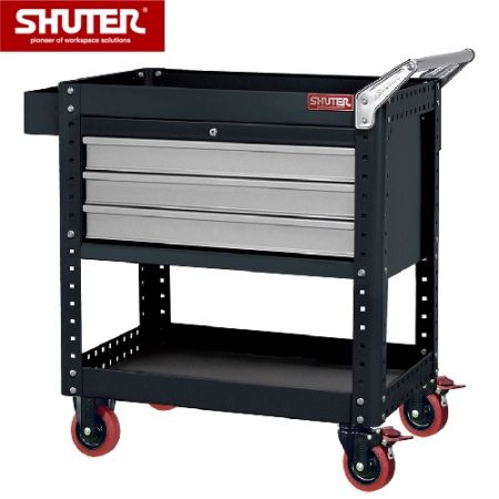 Tool Chest for Use in Workspaces - 880mm Height with 3 Drawers, 1 Shelf and 4" TPR Casters - Trolley with three top drawers and tool storage trays.