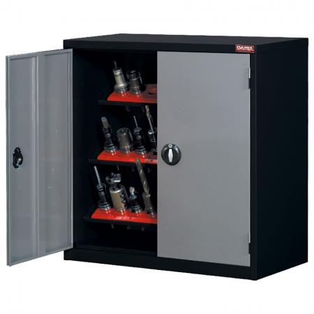 CNC Cutting Tools Warehouse Cabinet with 3 Tool-and-Bit Holder Benches - Tool storage cabinet with lockable doors for securely stowing away CNC bits in industrial settings.