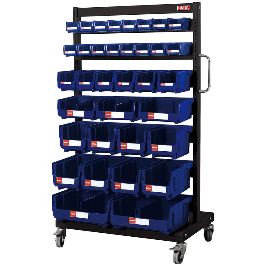 SingleSided Mobile Stand on Casters with 35 Mixed Size Hanging Bins