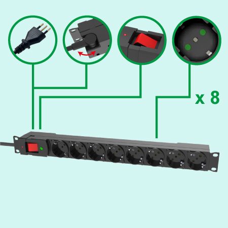 Italy Type 8 outlet Power Strip 19inch 1U  Power Strip PDU Surge - Italian Receptacles with Safety Shutters