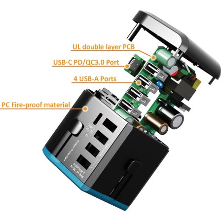 All-in-one Travel Adapter integrates USB-C PD & QC 3.0, supporting power up to 30W fast charging. Equipped with high power up to 10A rated and multiple 5 USB ports are perfect power solution, it allows consumers to use 6 devices or appliances simultaneously, perfectly for traveling or working in groups. Use branded PC fire retardant material and nickel brass to make product in a good conduction and long lifetime.