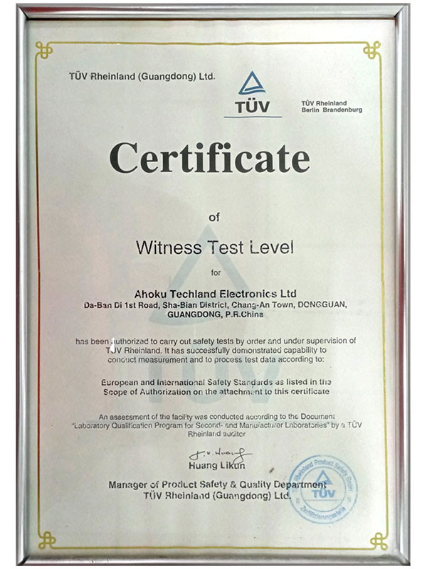 Certificat de test de témoin TUV Rheinland