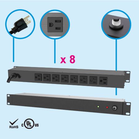 Xenocam 19 1U Rack Mount Power Distribution Unit PDU,Rack Power Strips,8 outlets,6ft Cord,1U/15A/125V,Aluminum Alloy with switches 