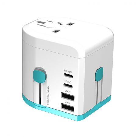 All in one universal travel adapter with USB-C PD fast charge