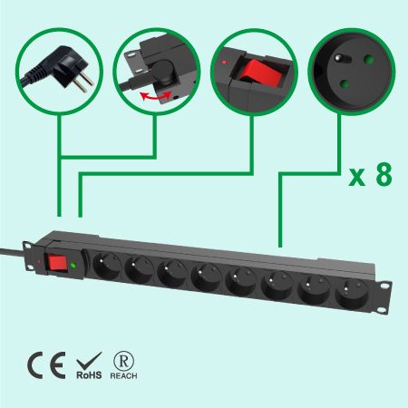 France 8 Outlets 1U PDU Rack Surge Protector 16A CE - 8 Outlets PDU with Surge Protection