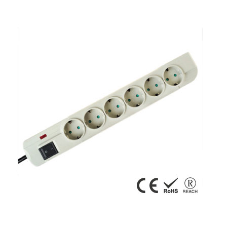 6-Outlet Surge Protection Power Strip with Keyhole Mounting Slot - Schuko Receptacles with Safety Shutters