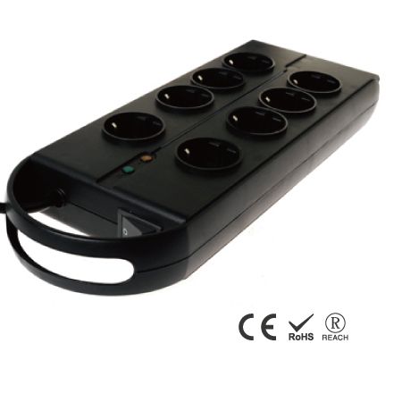 Regleta portátil de dos lados de 8 salidas con protección para teléfono y coaxial - Receptáculos Schuko con persianas de seguridad
