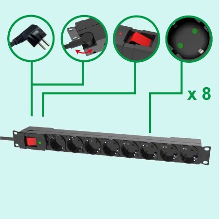 Germany EU 8 Outlet 1U rack mount PDU Power Strip 16A/250V GS - 8 Outlets PDU with Surge Protection