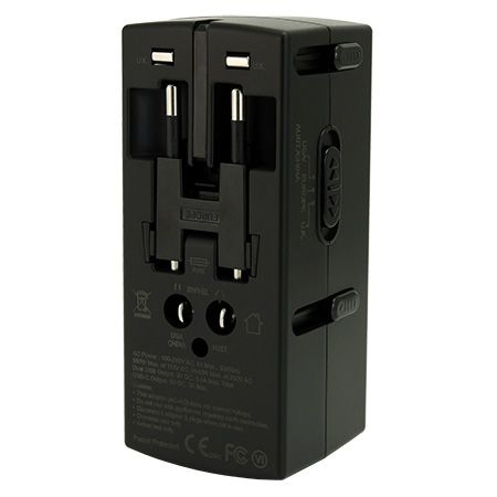 Dual USB Ports Global Travel Adapter with two outlets and Type C USB port.
