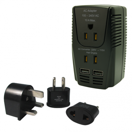 2000W双插座全球电压转换器/适配器USB套件组合 - 双插座万国旅行电压适配器
