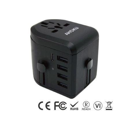 USB Type C Travel Power Plug Adapter with  5 USB Ports - Type C Universal Travel Charger-Left Side