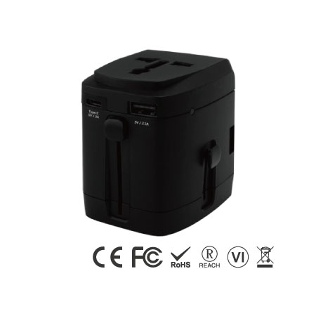 4 Ports USB Universal Travel Adapter with Type C Charger - Type C Universal Travel Charger-Black