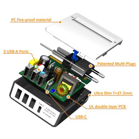 특허받은 멀티 플러그가 있는 Type C 4-USB 여행용 충전기